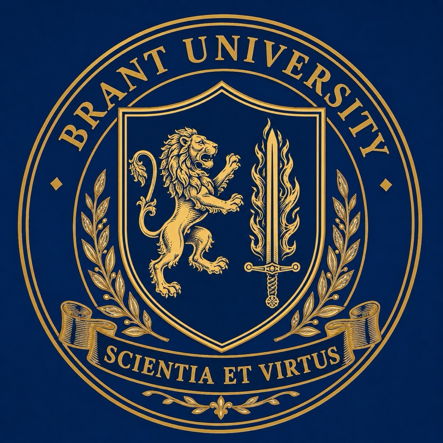Brasão da Brant University: escudo com leão rampante e espada em chamas, coroa de louros e o lema Scientia et Virtus